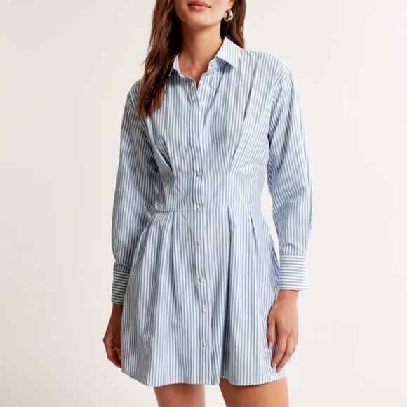 Abercrombie and Fitch Long-Sleeve Poplin Shirt Dress Striped Blue White - Picture 8 of 9